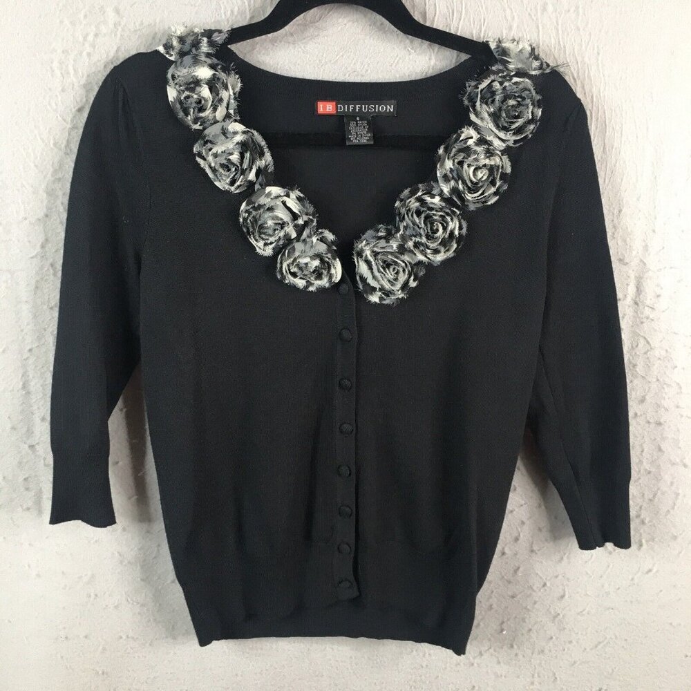 Vintage IB Diffusion Sweater Woemsn Small Black Cardigan Gray Rosettes Artsy